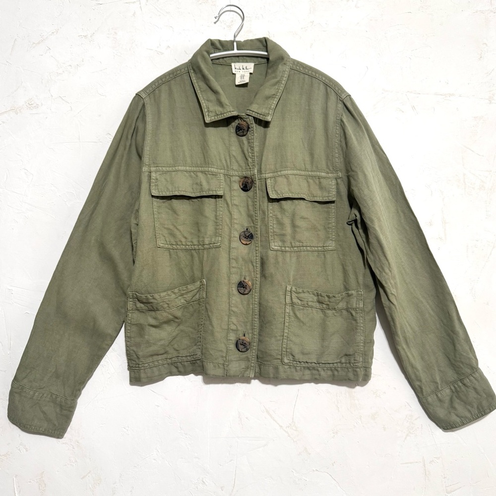 Nicole Miller Olive Linen Blend Utility Jacket Cropped Lightweight Workwear M